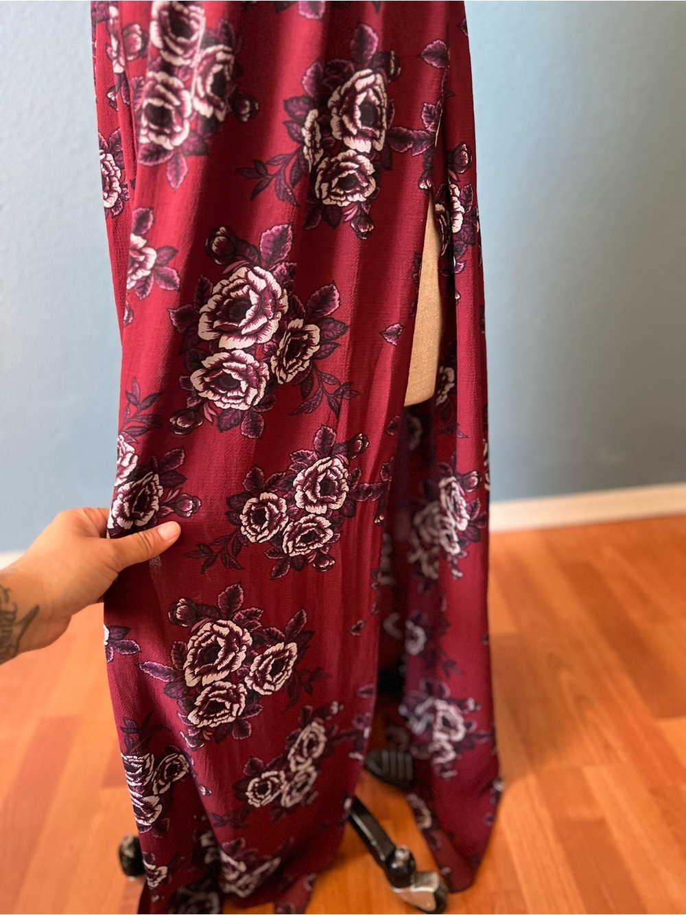 Miley & Molly Women’s Smocked Strapless Maxi Dress in Burgundy Floral front slit - Picture 4 of 8